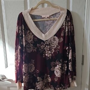 Floral V-Neck Sweater - Burgundy and Cream